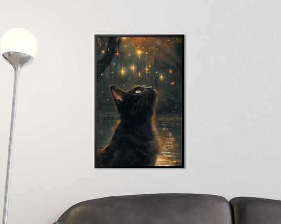 Black Cat Gazing At Fireflies Magical Night Forest Art Poster