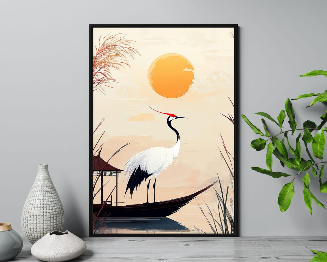 Red Crowned Crane on Boat Sunset Japanese Minimalist Nature Art Poster - Image 4