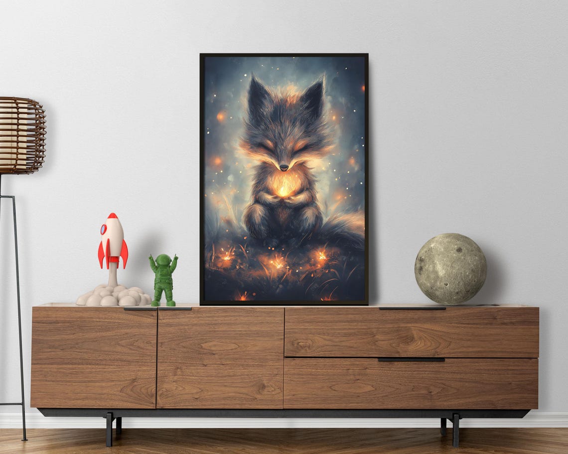 Mystical Fox Cub With Glowing Heart Light Magical Night Art Poster