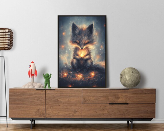 Mystical Fox Cub With Glowing Heart Light Magical Night Art Poster