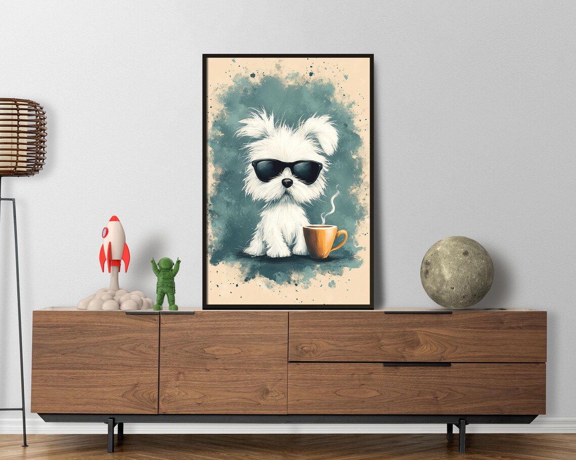 Cool White Dog With Sunglasses And Coffee Cup Funny Art Poster - Image 5