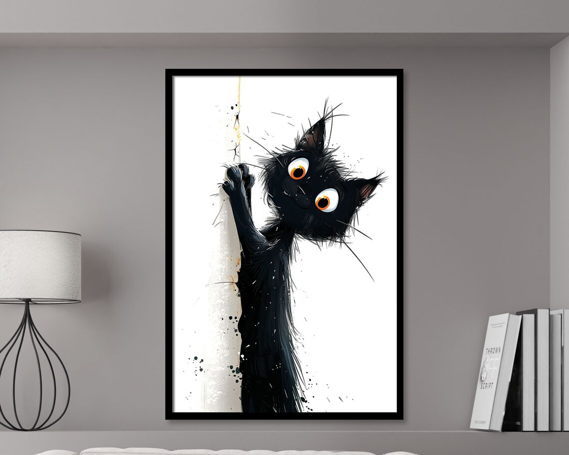Funny Climbing Black Cat Cartoon Ink Splatter Wall Art Quirky Poster