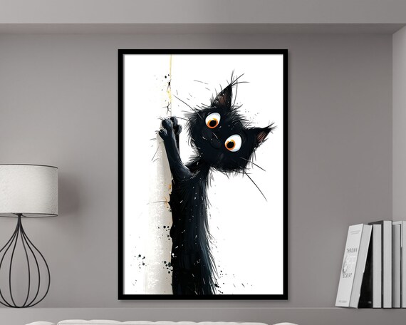 Funny Climbing Black Cat Cartoon Ink Splatter Wall Art Quirky Poster