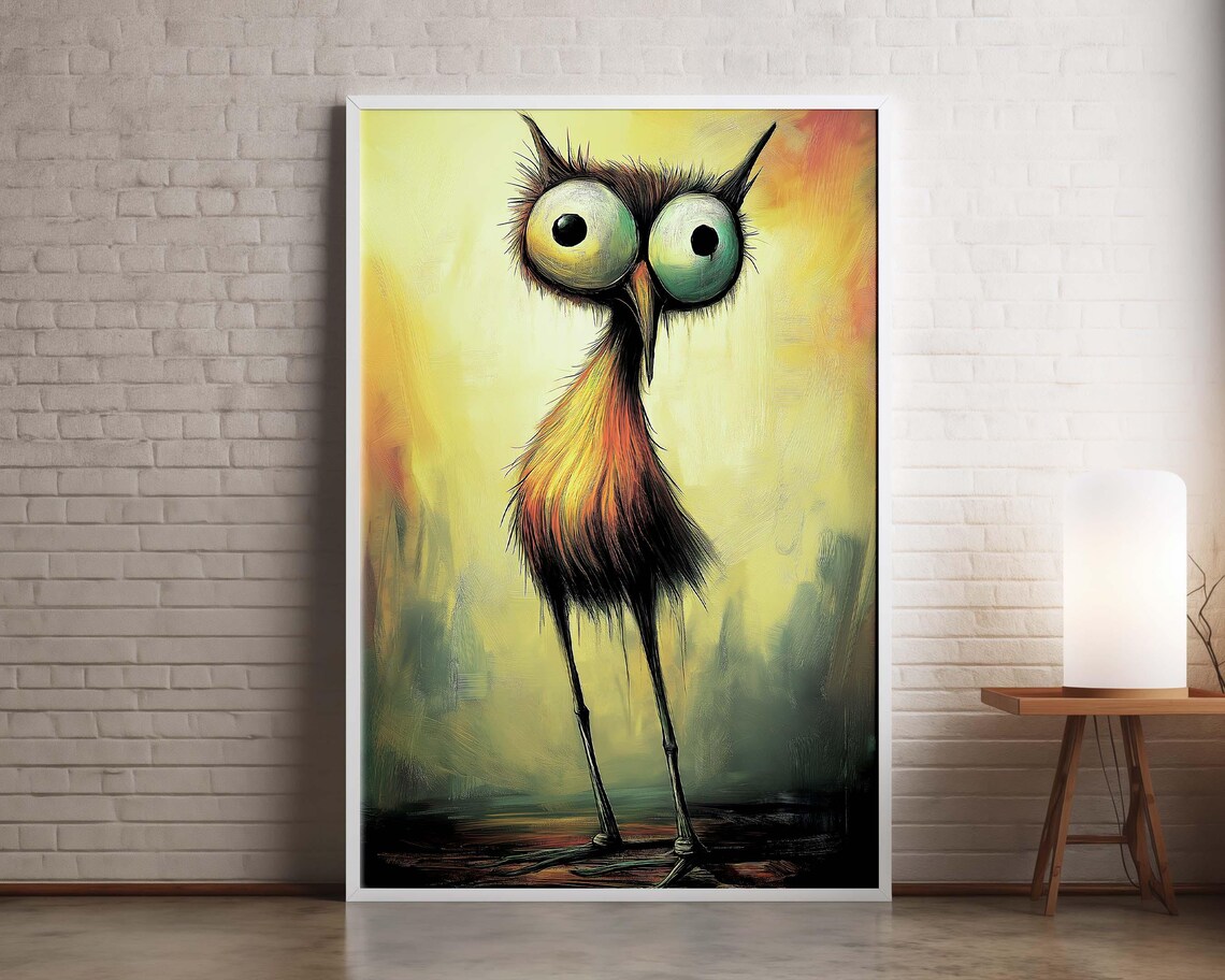 Quirky Big Eyed Bird Whimsical Yellow Painting Funny Animal Poster