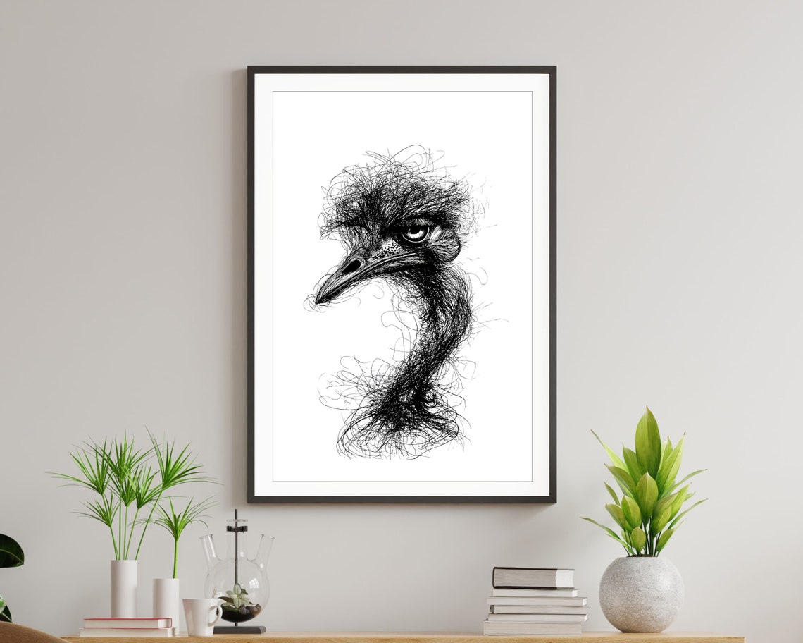 Ostrich Head Scribble Art Black And White Line Drawing Bird Print - Image 5