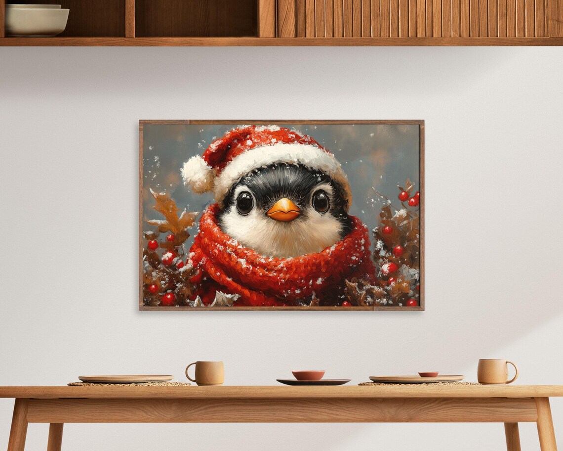Penguin Chick In Santa Hat And Scarf Snowy Christmas Art Poster