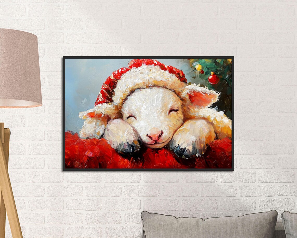 Sleeping Lamb In Santa Hat Cozy Christmas Oil Painting Art Poster