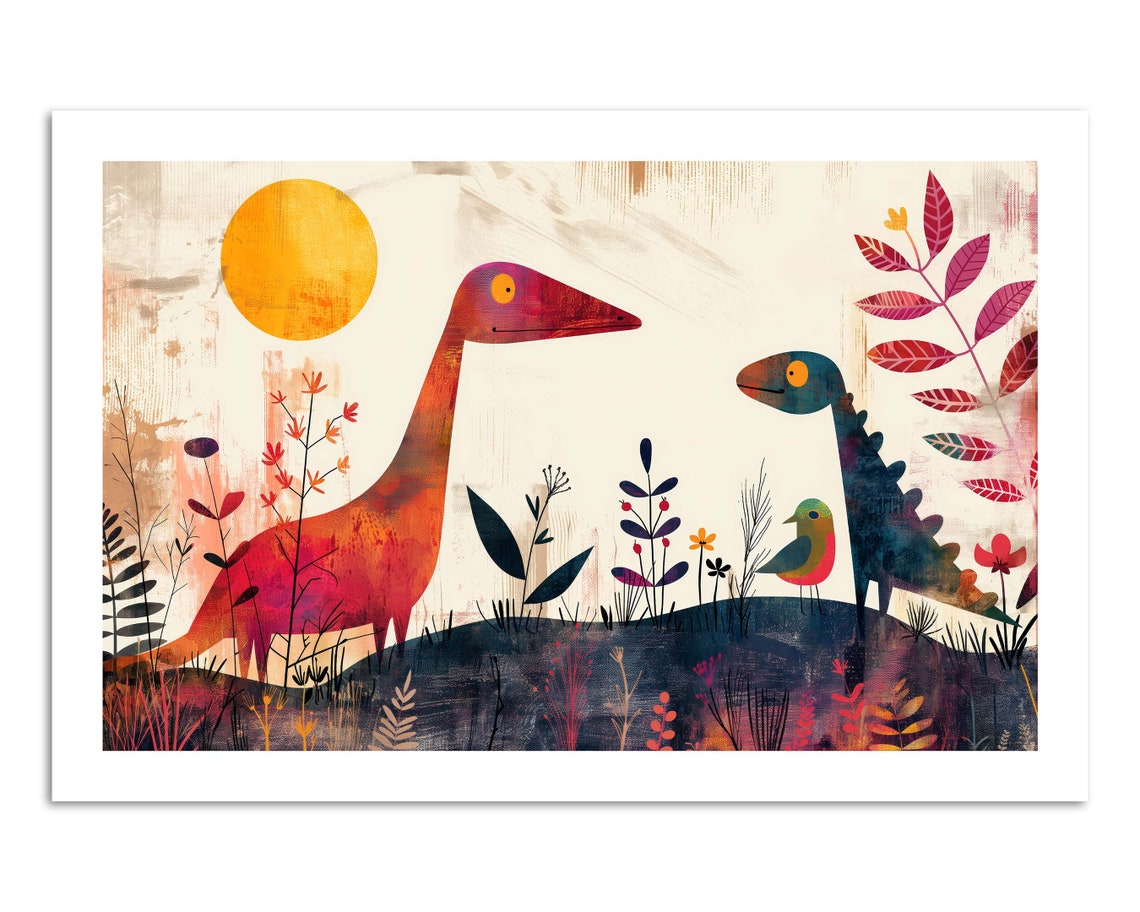 Whimsical Dinosaurs Under The Sun Colorful Nursery Kids Wall Art Print - Image 5