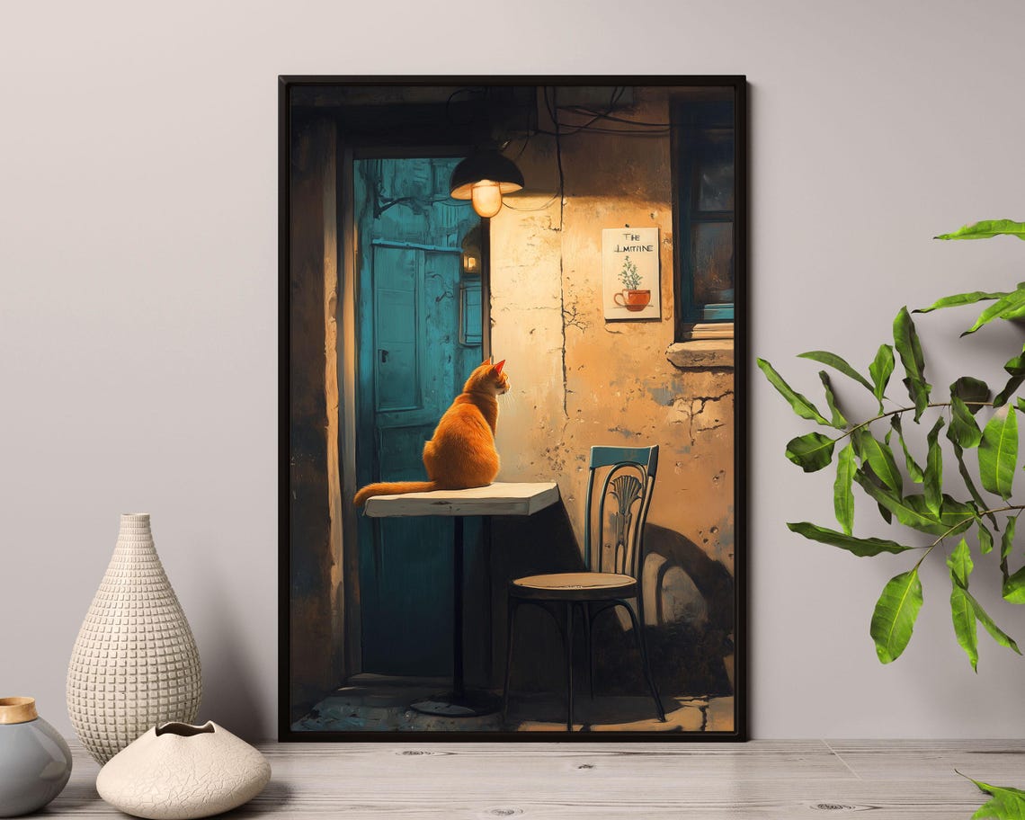 Orange Cat At Night Cafe Alley Rustic Warm Lamp Wall Art Poster - Image 3