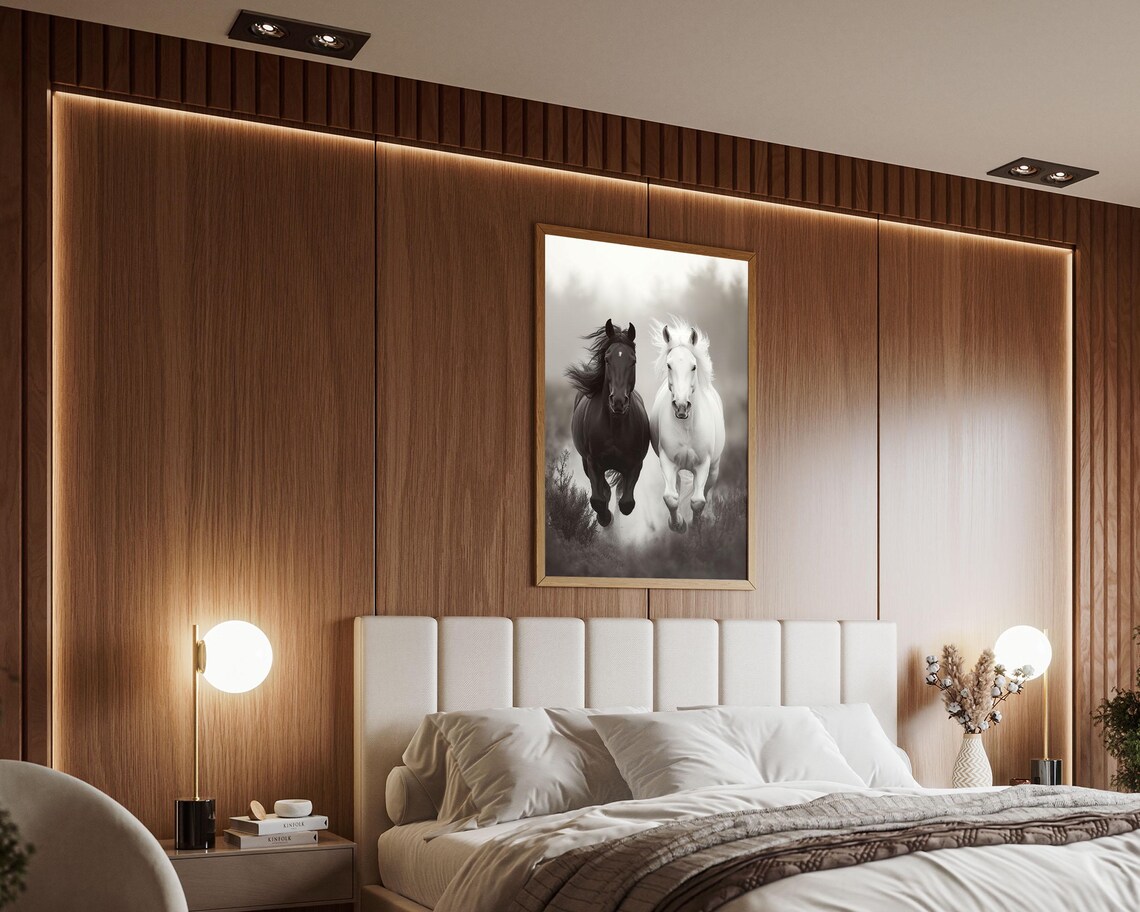 Black and White Horses Galloping Sepia Minimalist Equine Photo Poster - Image 3