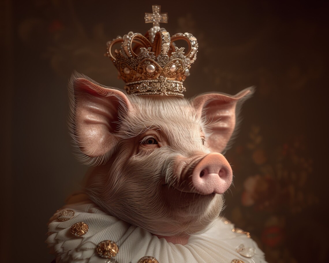 Royal Pig In Gold Crown Ruff Regal Portrait Wall Art Print Poster - Image 5
