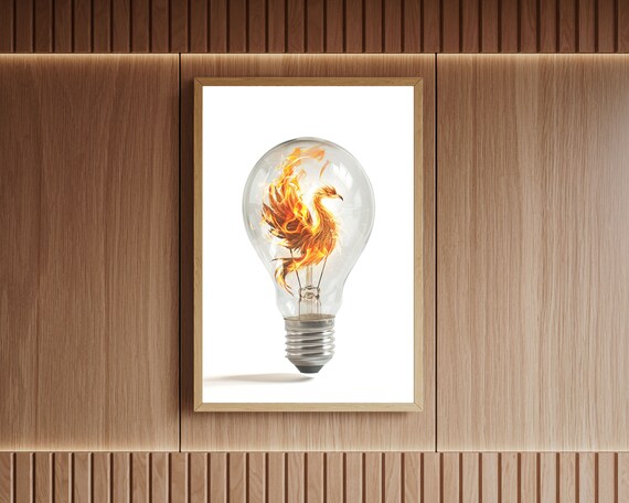 Fiery Phoenix Inside Glass Light Bulb Surreal Flame Bird Wall Art Poster