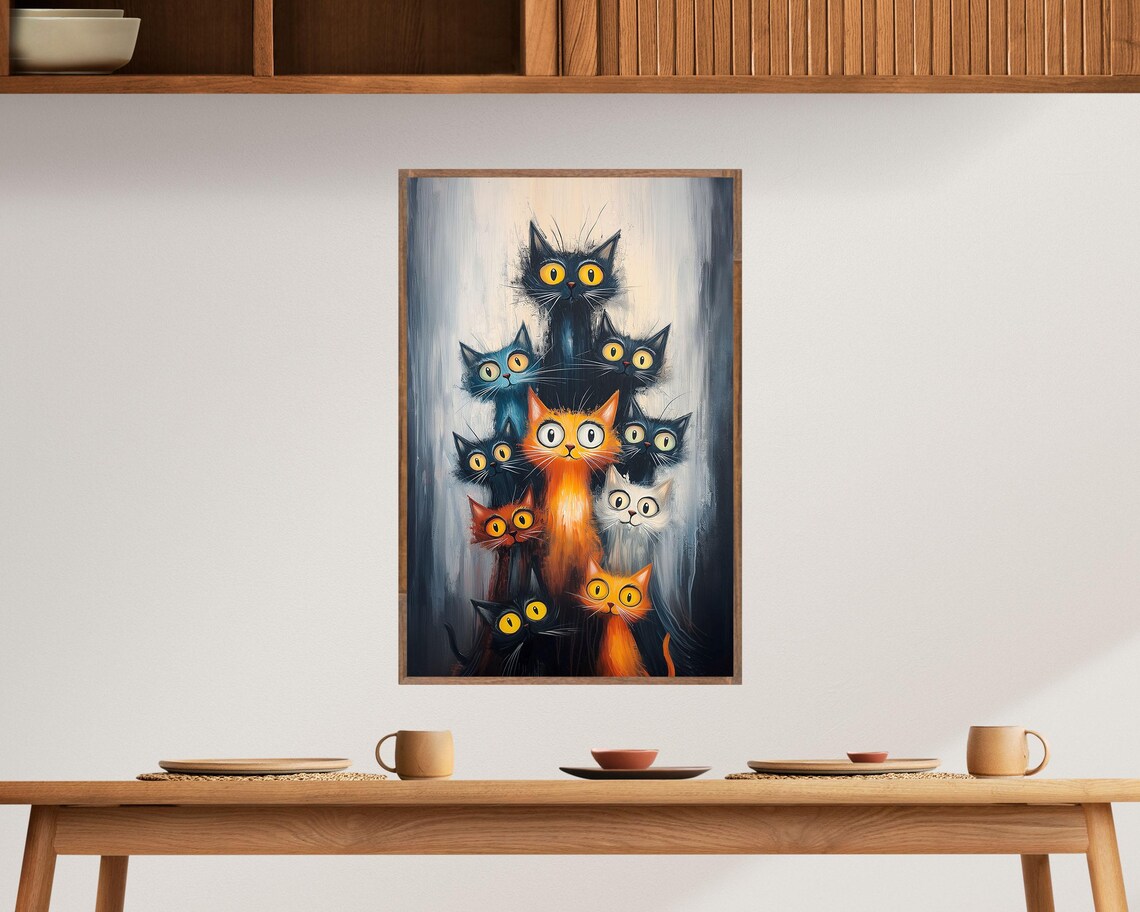 Midnight Mischief Cat Gang Nine Cats Big Eyes Whimsical Feline Poster - Image 3