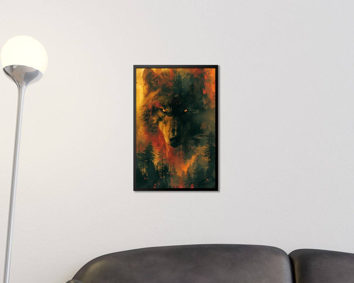 Fiery Wolf Head Emerging From Forest Wild Spirit Animal Art Poster - Image 2