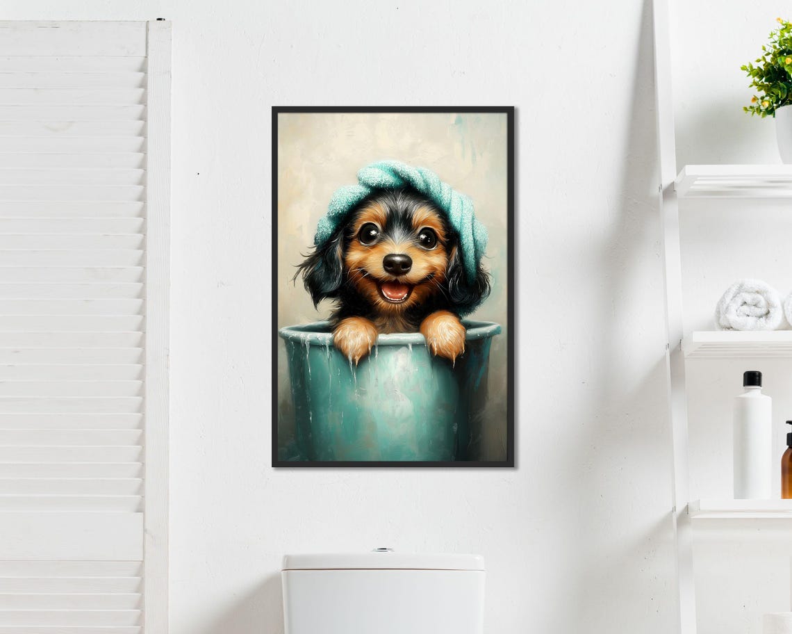 Dachshund Puppy Bath Time In Tub With Towel Cute Dog Art Poster - Image 5