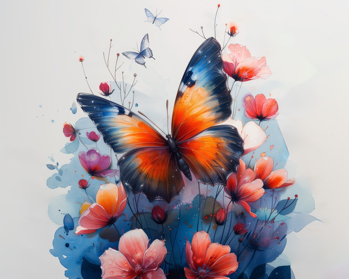 Orange Blue Butterfly Watercolor Floral Botanical Art Print Poster - Image 5