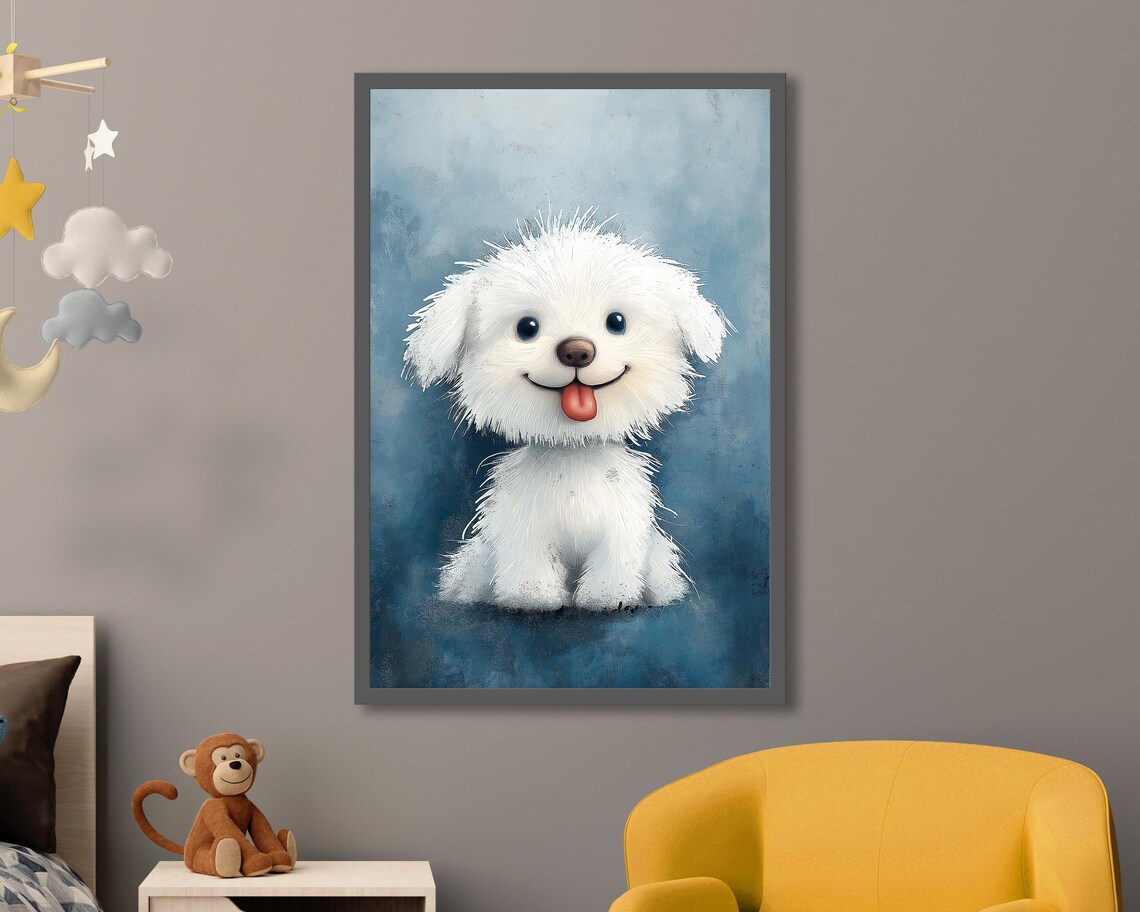Happy White Fluffy Puppy Tongue Out Cute Cartoon Dog Art Poster