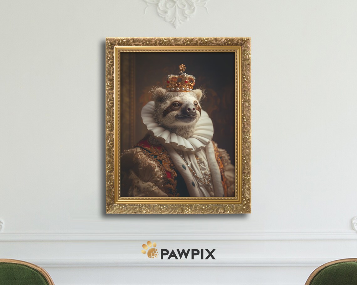 Royal Sloth In Gold Crown Ruff Collar Regal Portrait Wall Art Poster - Image 4