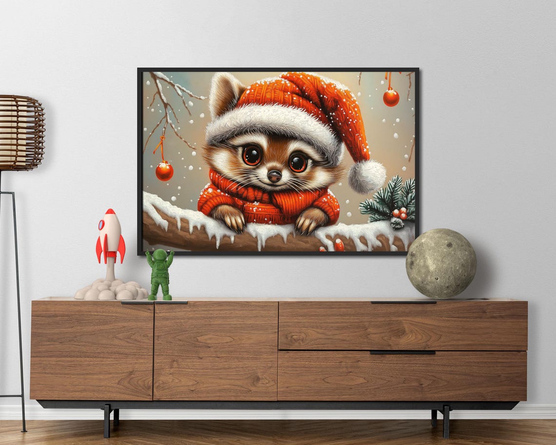 Cute Raccoon in Santa Hat Red Sweater Snowy Christmas Wall Art - Image 5
