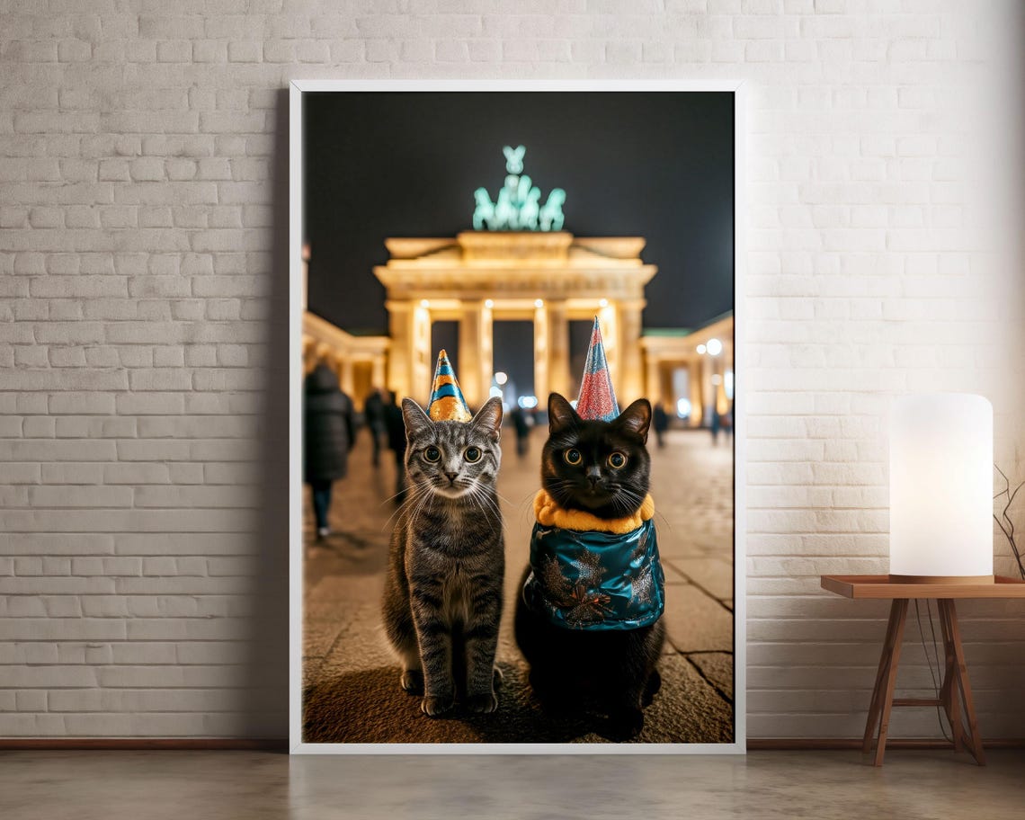 Two Party Cats Brandenburg Gate Berlin Night Celebration Wall Art
