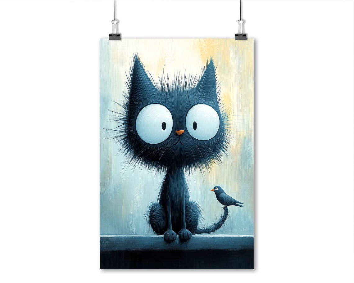 Cute Big Eyed Black Cat with Little Bird on Tail Nursery Wall Art - Image 8