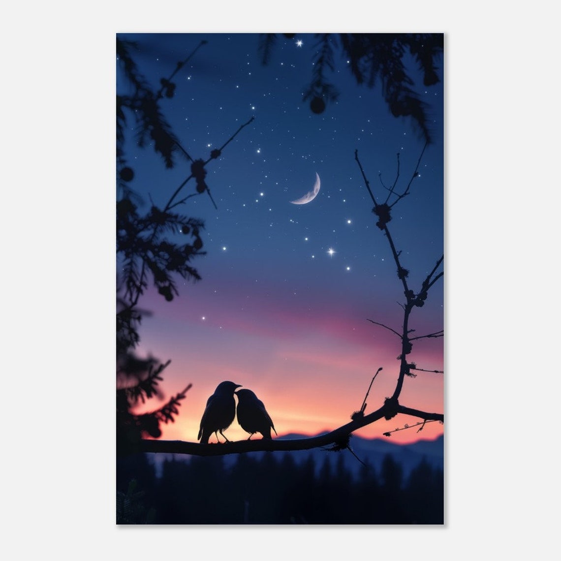 Bird Silhouette Pair Starry Night Crescent Moon Romantic Wall Art - Image 2