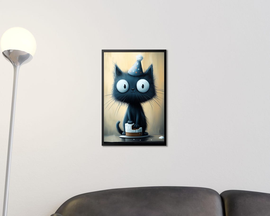 Cute Black Cat with Party Hat Eating Birthday Cake Fun Wall Art - Image 2