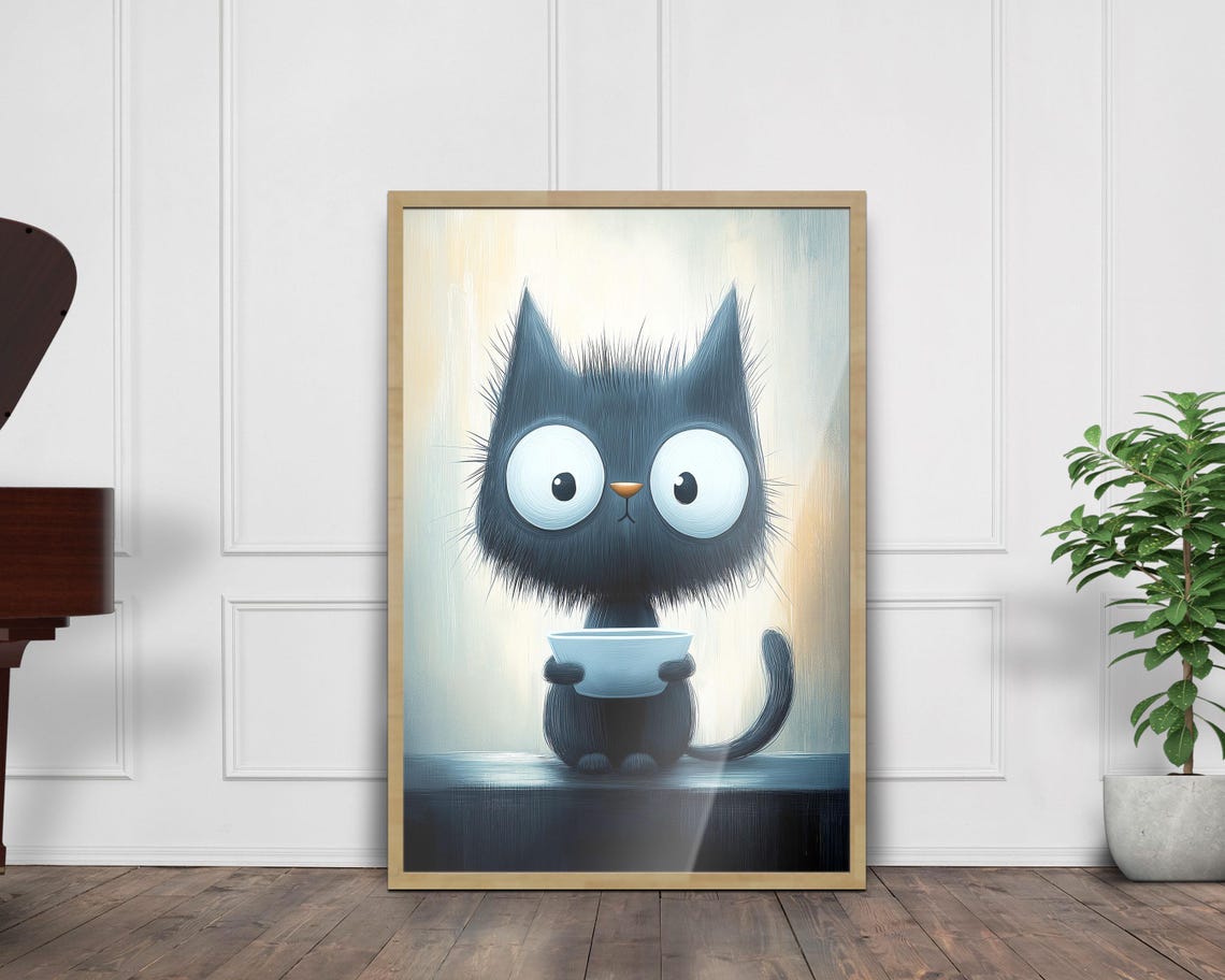 Funny Hungry Black Cat Holding Empty Bowl Begging Kitchen Wall Art - Image 7