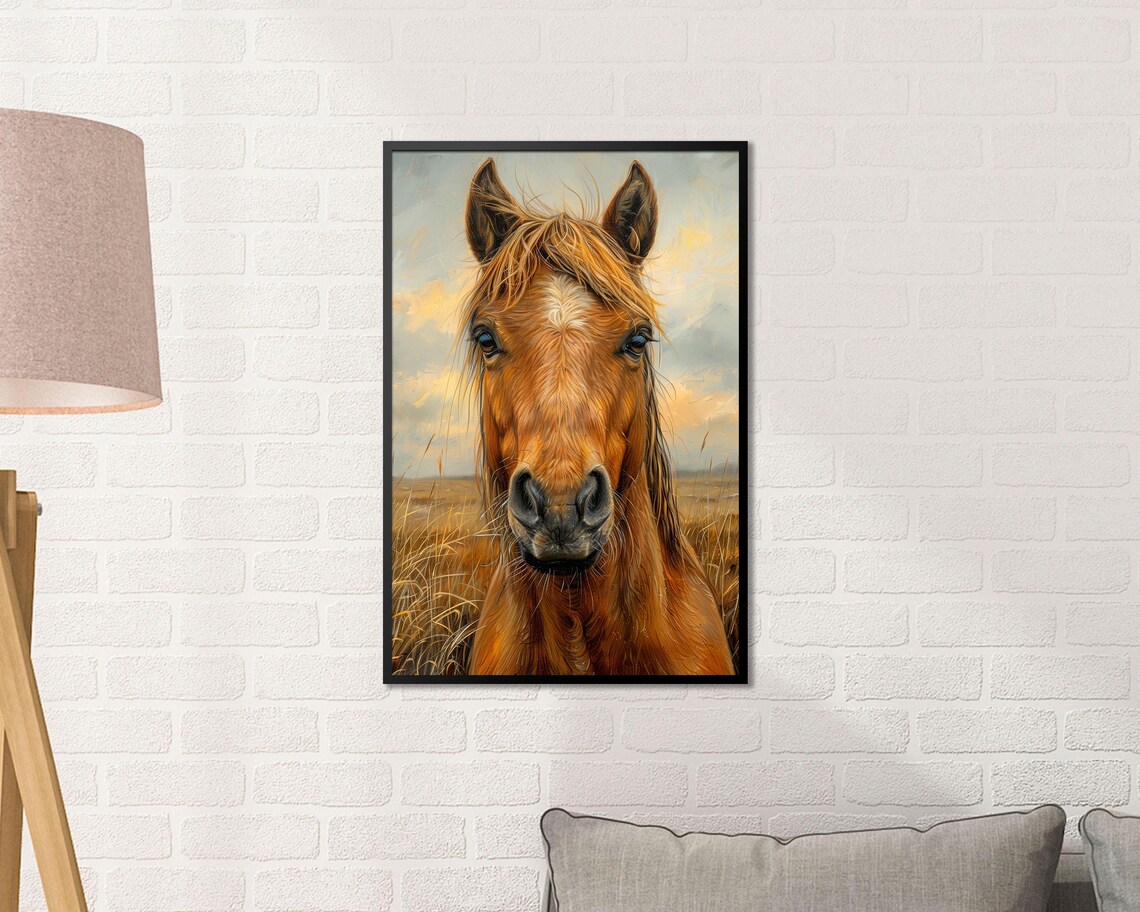 Chestnut Horse Face Portrait Golden Wheat Field Rustic Wall Art - Image 3