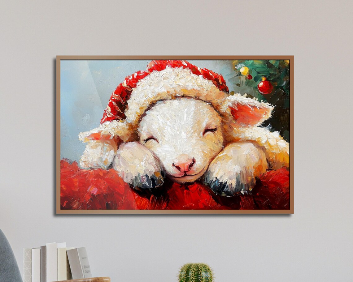 Sleeping Lamb In Santa Hat Cozy Christmas Oil Painting Art Poster - Image 2