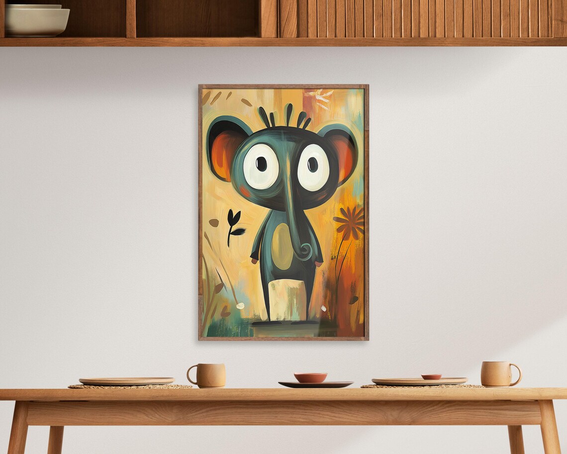 Quirky Big Eyed Elephant Whimsical Orange Oil Painting Animal Poster - Image 6