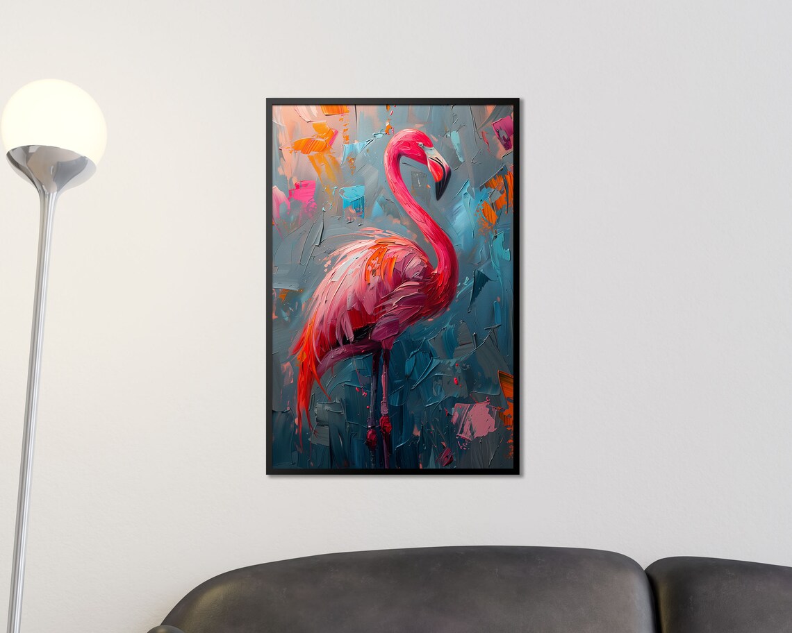 Pink Flamingo Thick Impasto Oil Painting on Teal Abstract Art Print - Image 3