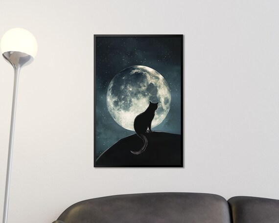 Black Cat Silhouette Under Full Moon Starry Night Celestial Art Print