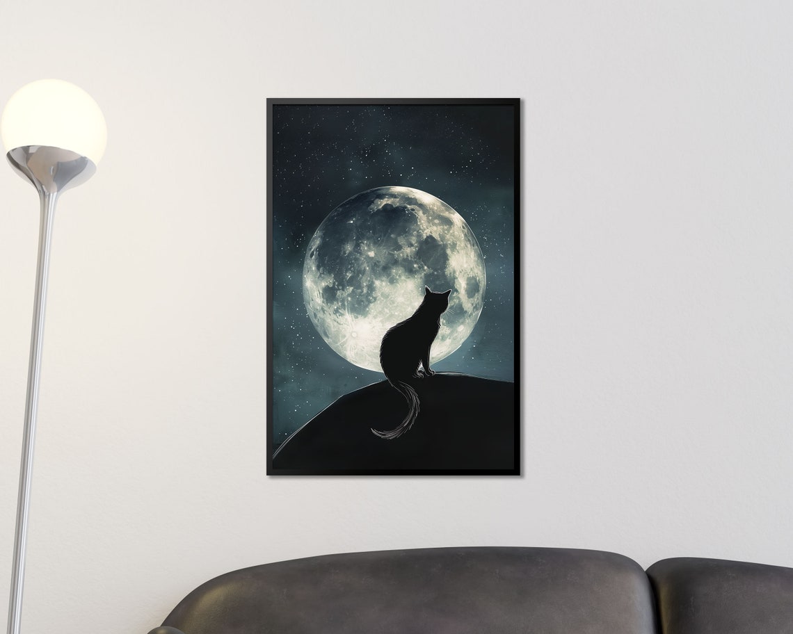 Black Cat Silhouette Under Full Moon Starry Night Celestial Art Print