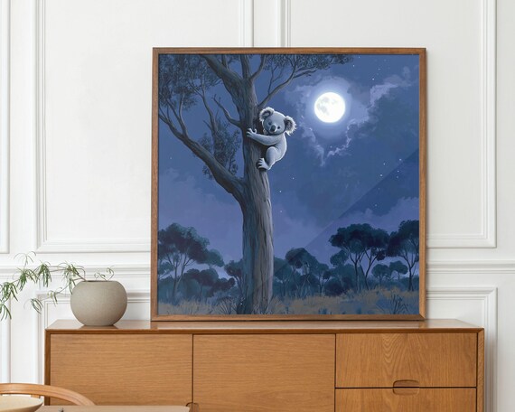 Koala Hugging Tree Under Full Moon Starry Night Blue Nursery Poster