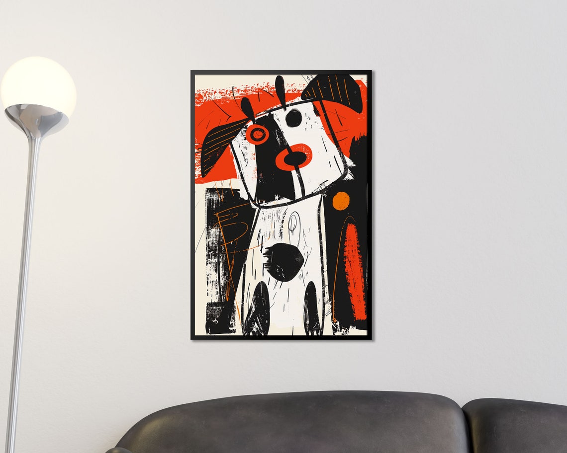 Abstract White Dog Orange Black Bold Brushstroke Modern Art Dog Print