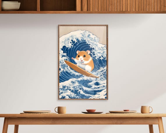 Hamster Of Kanagawa Poster Fun Surfing Hamster Print Wave Art Quirky Animal Wall Art Playful Animal Poster