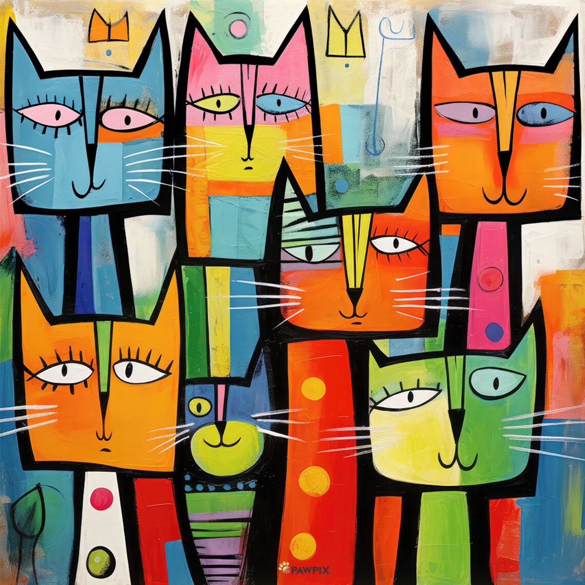 Seven Colorful Abstract Cats Geometric Pop Art Whimsical Feline Wall Art - Image 2