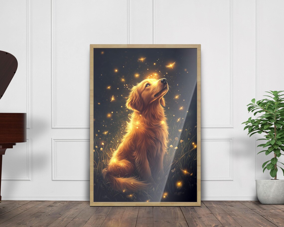 Golden Retriever Watching Fireflies Magical Night Sky Wall Art - Image 5