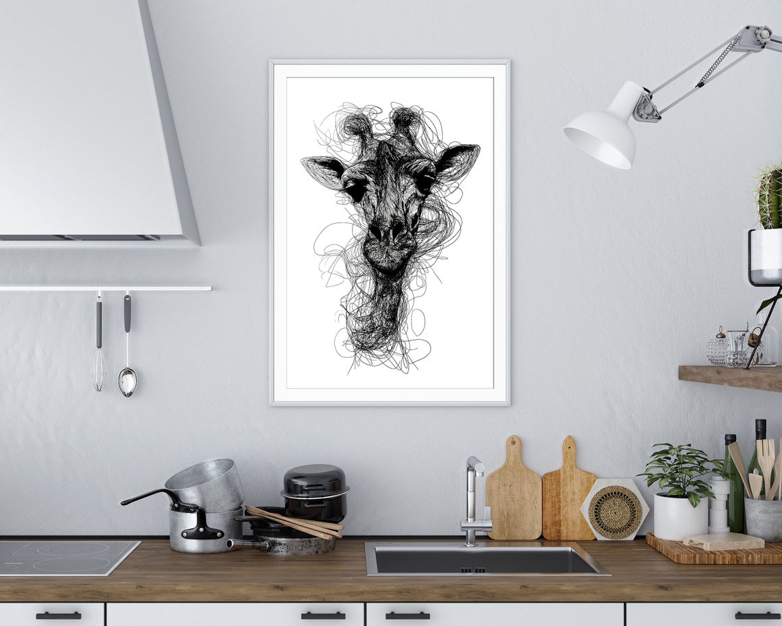 Giraffe Head Scribble Art Black And White Line Drawing Wall Print - Image 3