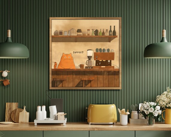Funny Orange Cat Barista Coffee Shop Cartoon Kitchen Quote Poster