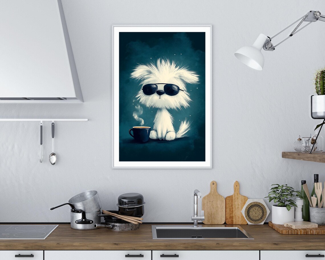 Cool White Puppy With Sunglasses And Coffee Mug Funny Dog Art Poster