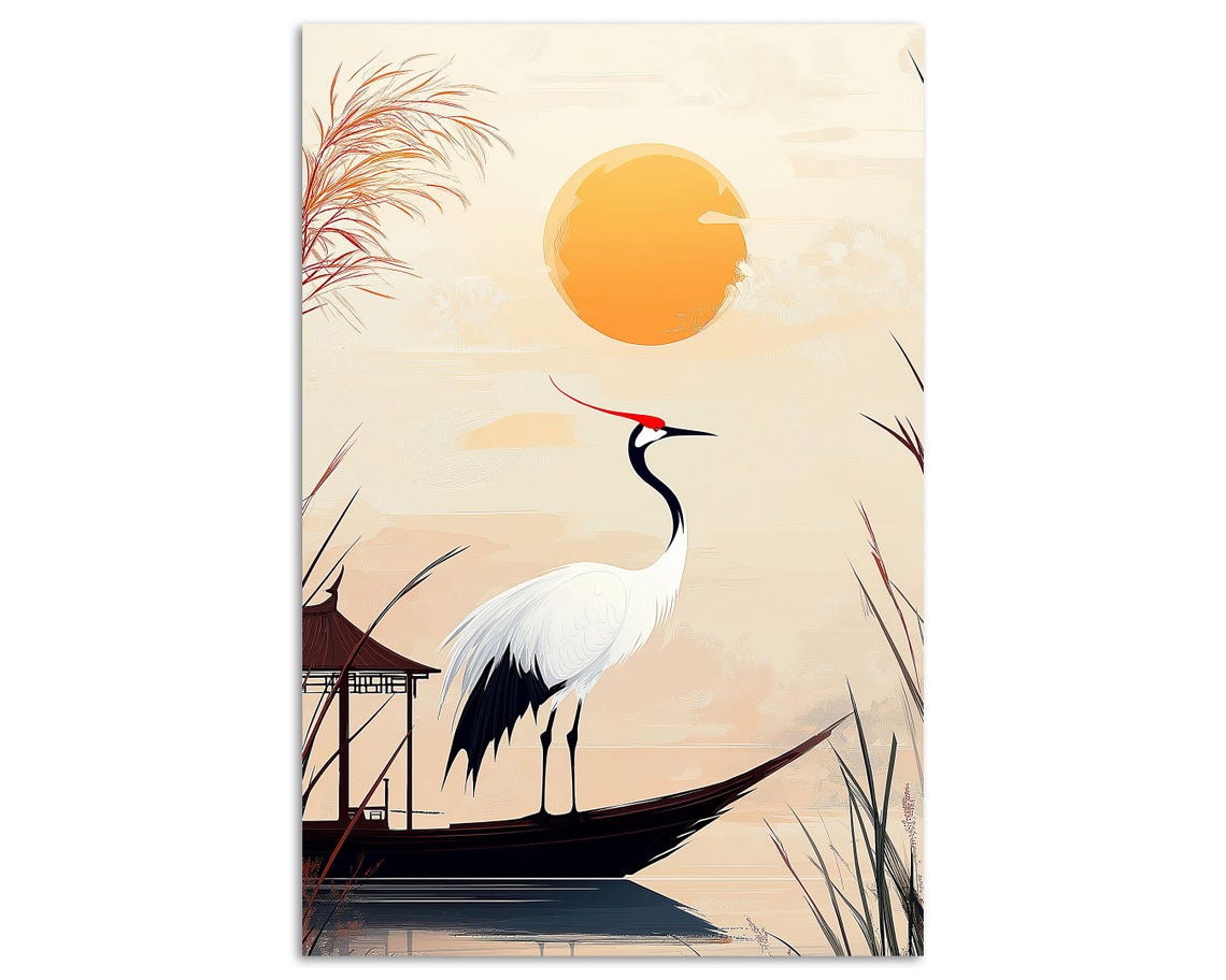 Red Crowned Crane on Boat Sunset Japanese Minimalist Nature Art Poster - Image 5
