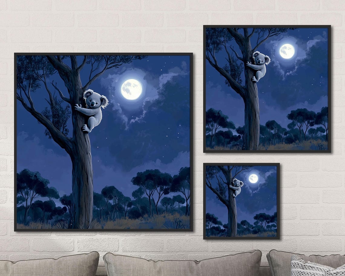 Koala Hugging Tree Under Full Moon Starry Night Blue Nursery Poster - Image 4