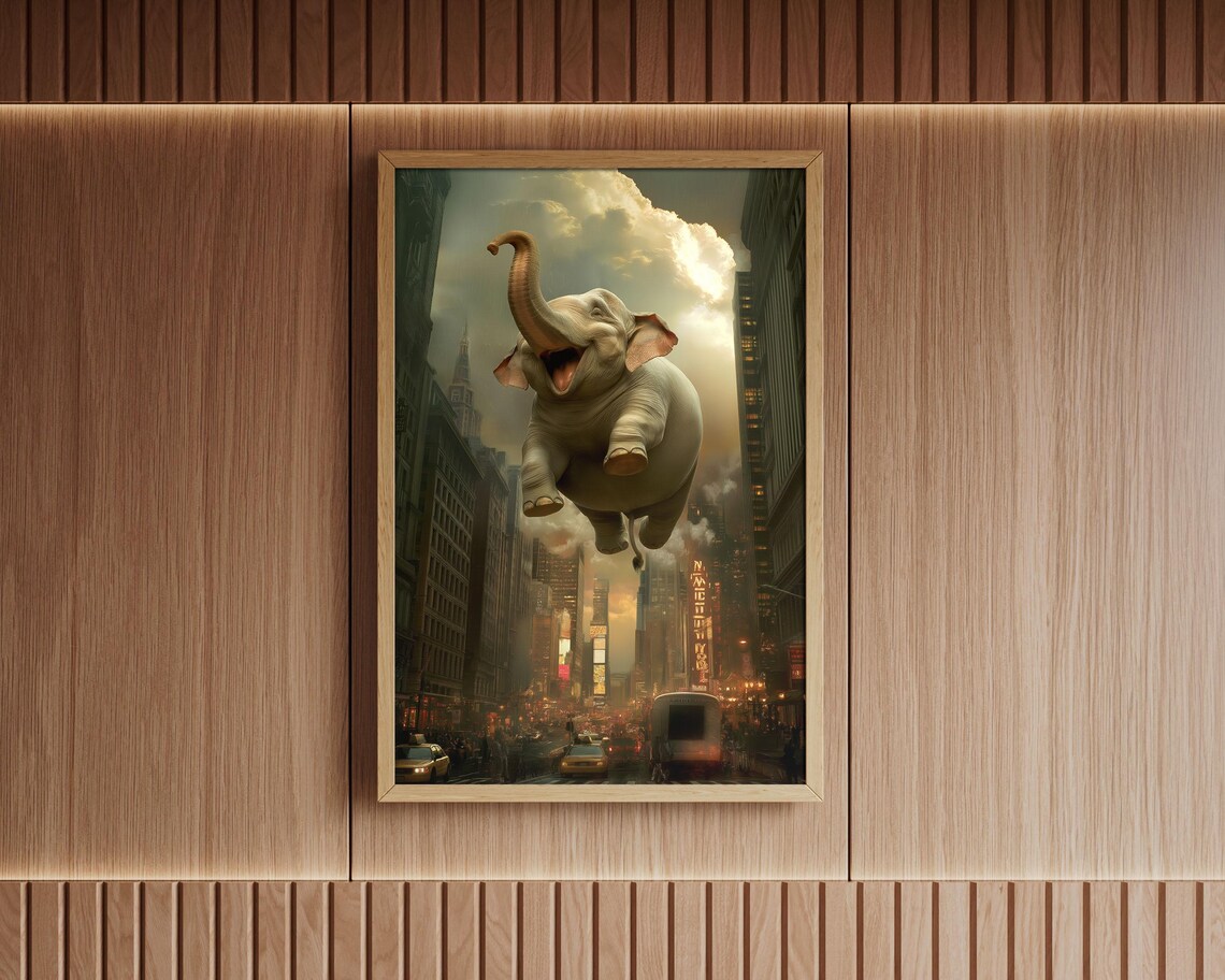 Flying Elephant Over City At Night Surreal Urban Fantasy Art Poster - Image 5