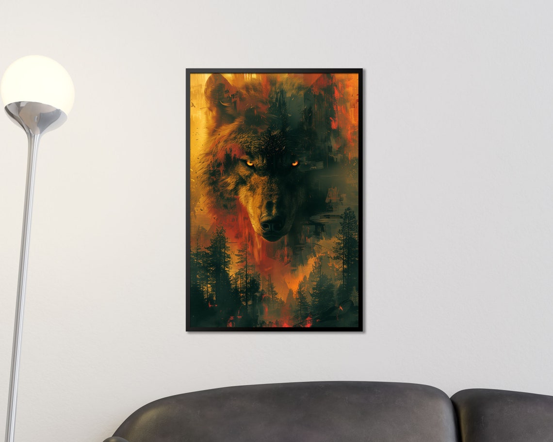 Fiery Wolf Head Emerging From Forest Wild Spirit Animal Art Poster