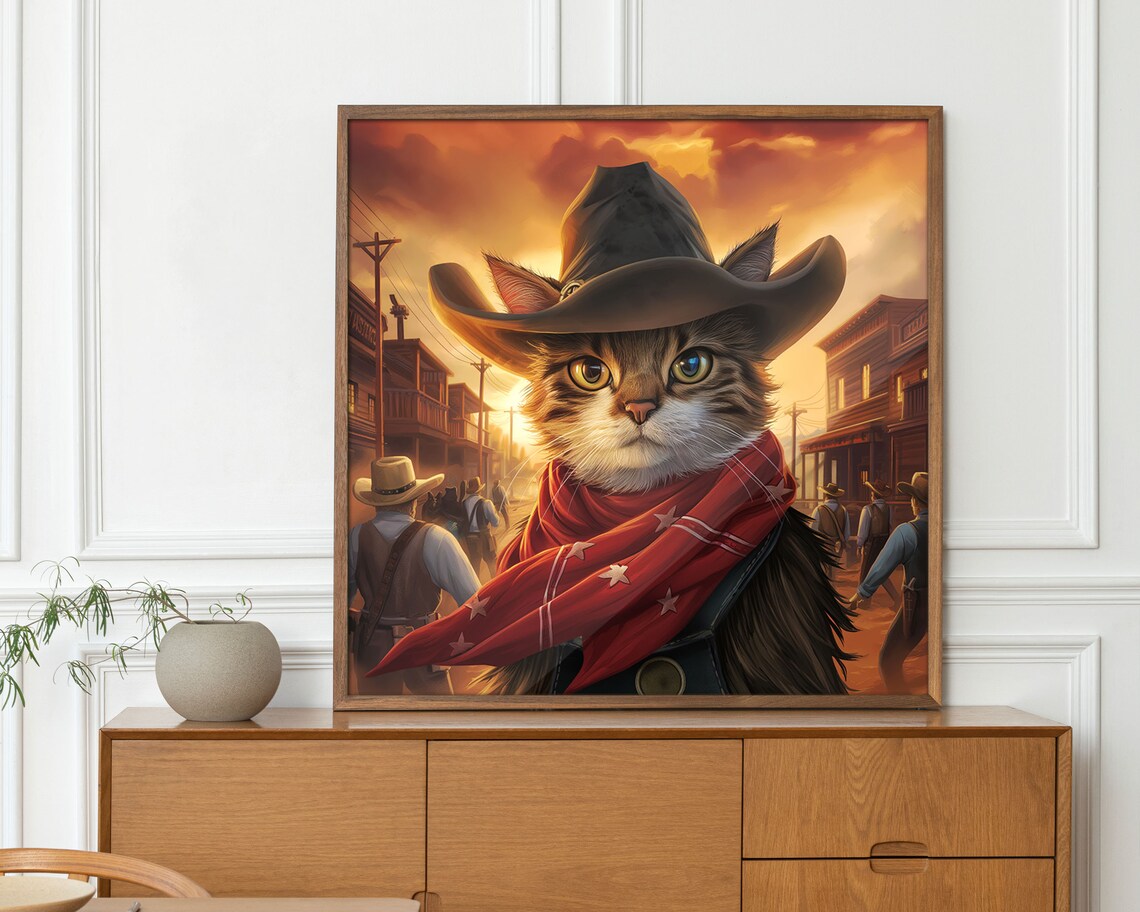Cowboy Cat In Wild West Town Sunset Western Hat Bandana Funny Cat Poster