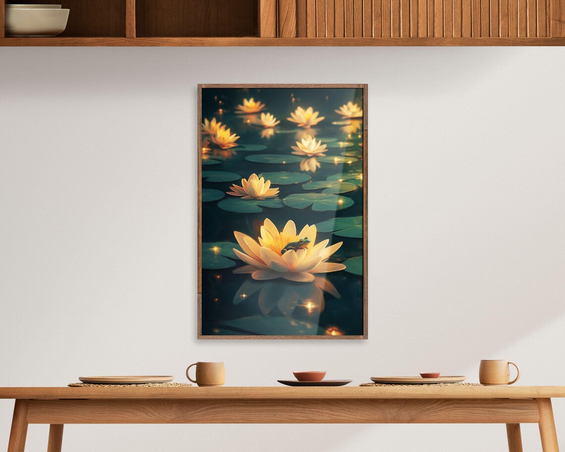 Green Frog On Glowing Water Lily Night Pond Magical Art Poster - Image 2