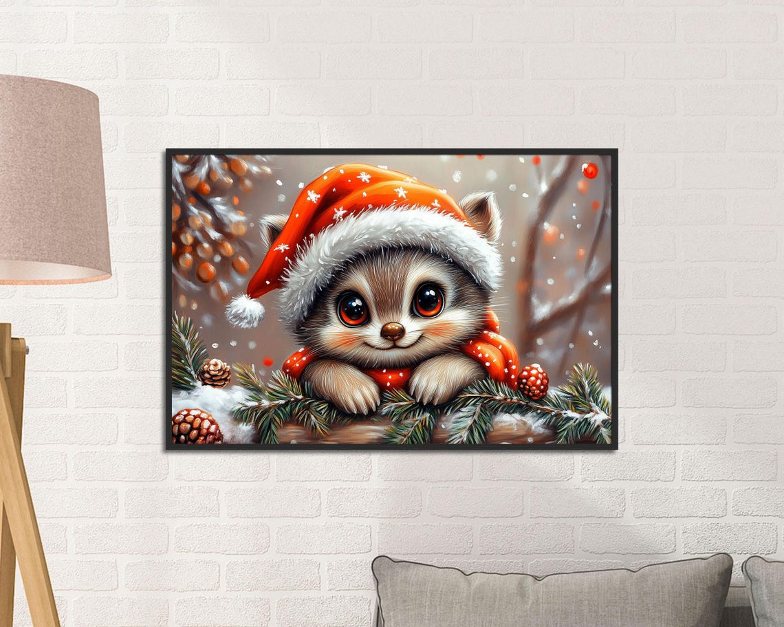 Raccoon In Santa Hat In Snowy Pine Forest Christmas Art Poster - Image 2