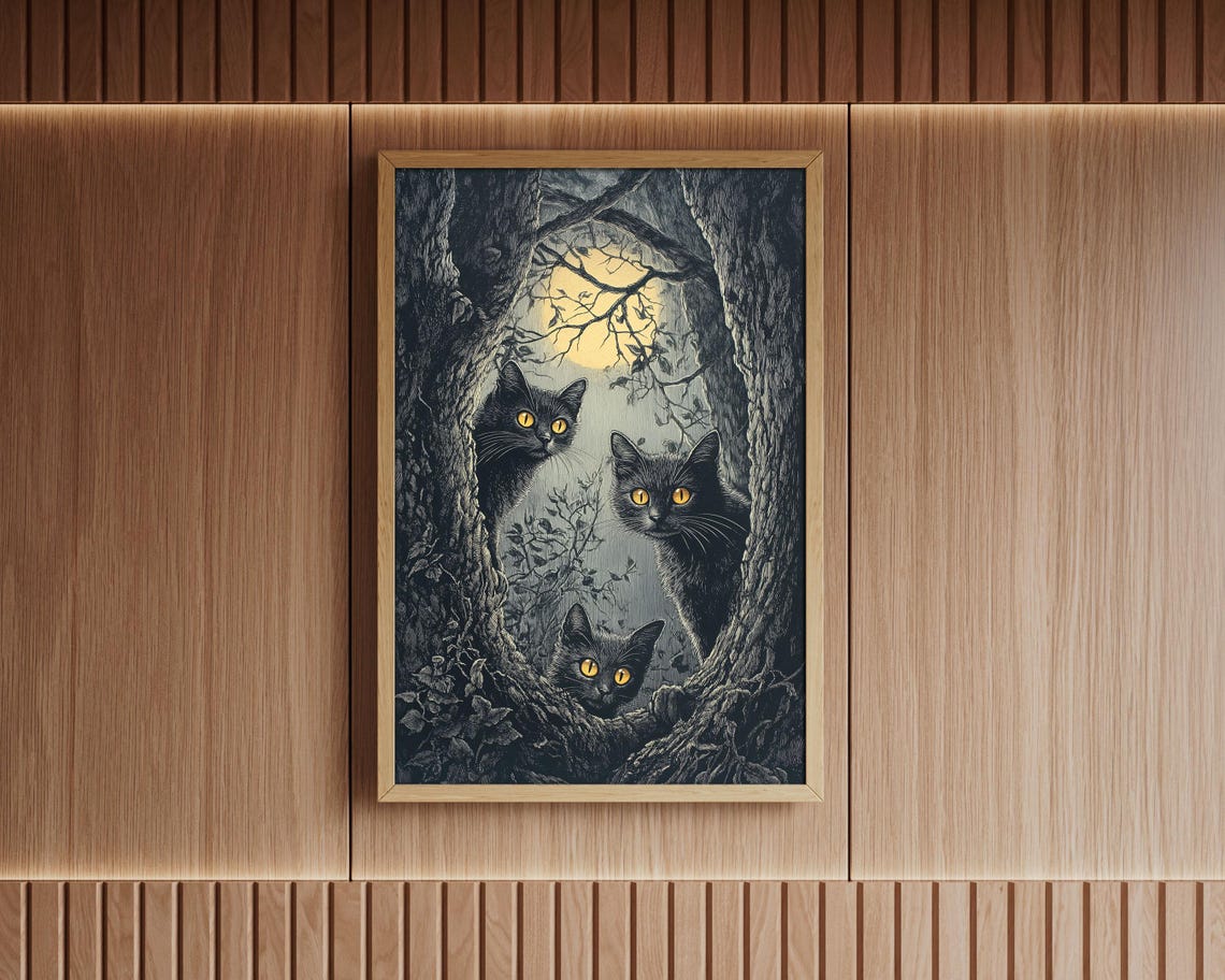 Three Black Cats With Glowing Eyes Moonlit Forest Art Poster - Image 6